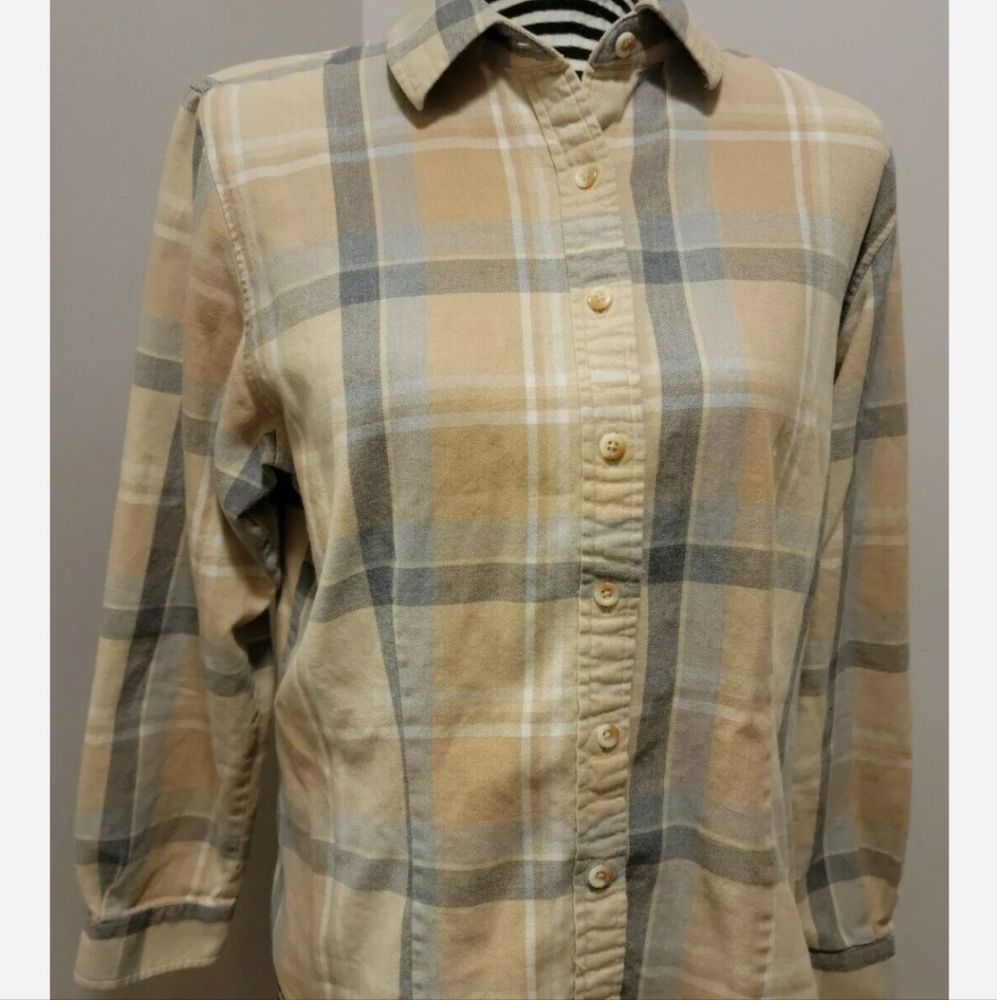 Pendleton Tan and Gray Plaid Long-Sleeve Button Up Women's Size M